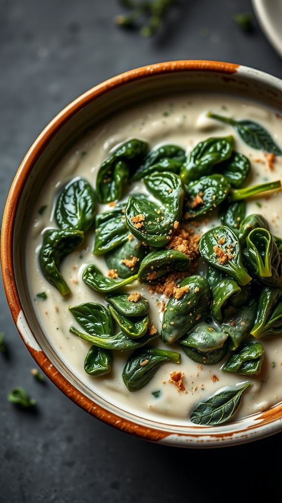 Bowl of creamed spinach topped with sauce and spices
