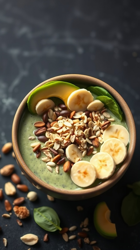 A creamy spinach banana smoothie topped with banana slices, seeds, and nuts in a bowl.
