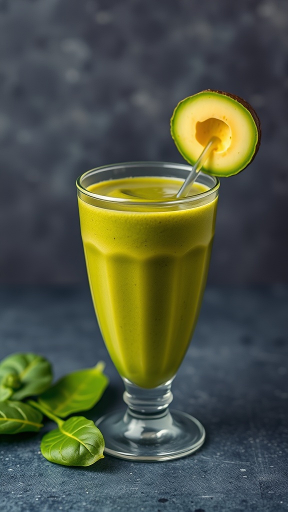 A creamy avocado and spinach smoothie in a glass, garnished with a slice of avocado.