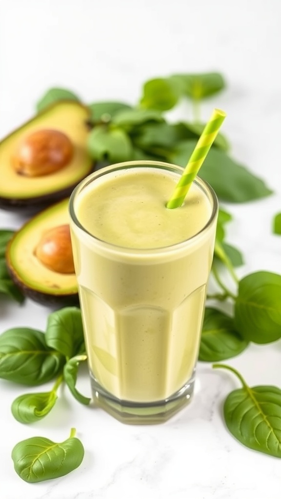 Creamy avocado and spinach smoothie in a glass with a straw