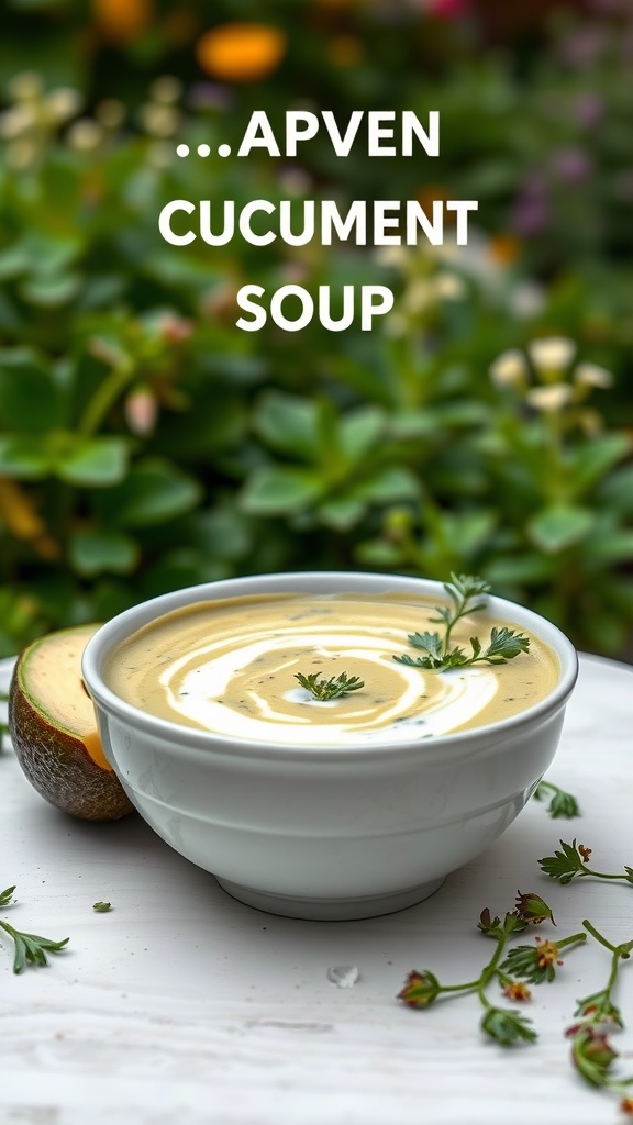 A bowl of creamy avocado cucumber soup garnished with herbs.