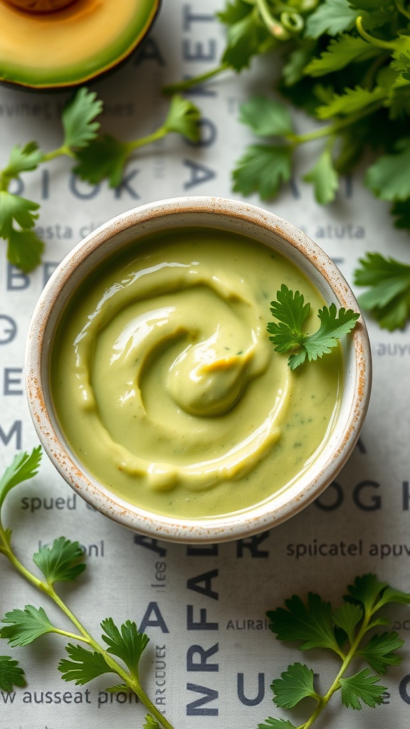 A small bowl of creamy avocado dressing garnished with cilantro leaves.