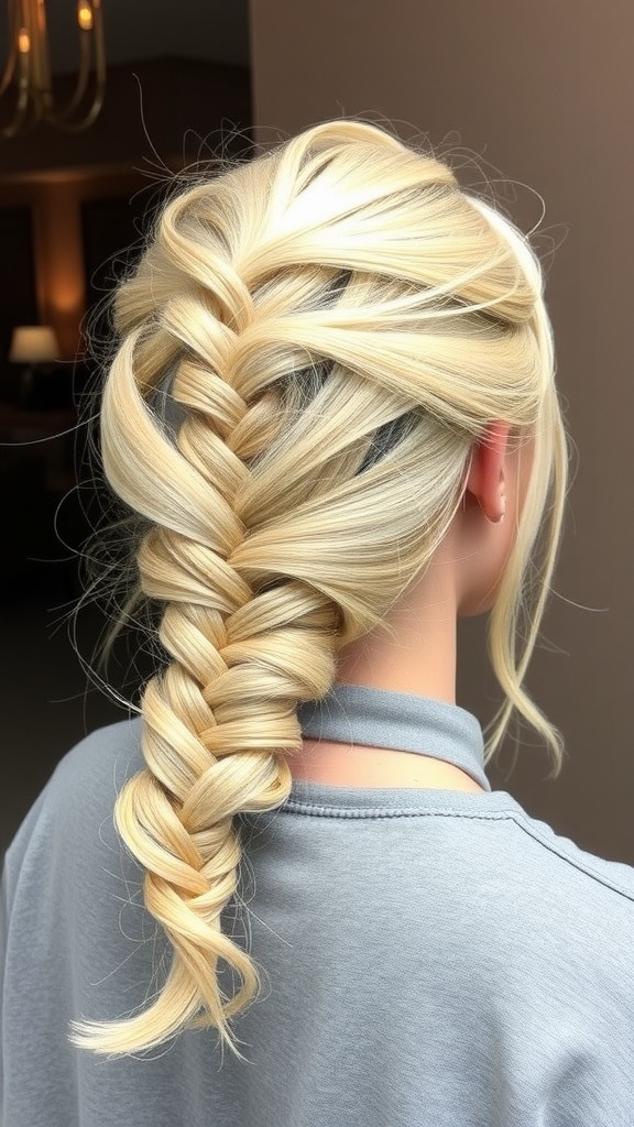 A hairstyle featuring creamy blonde hair styled in a side braid.