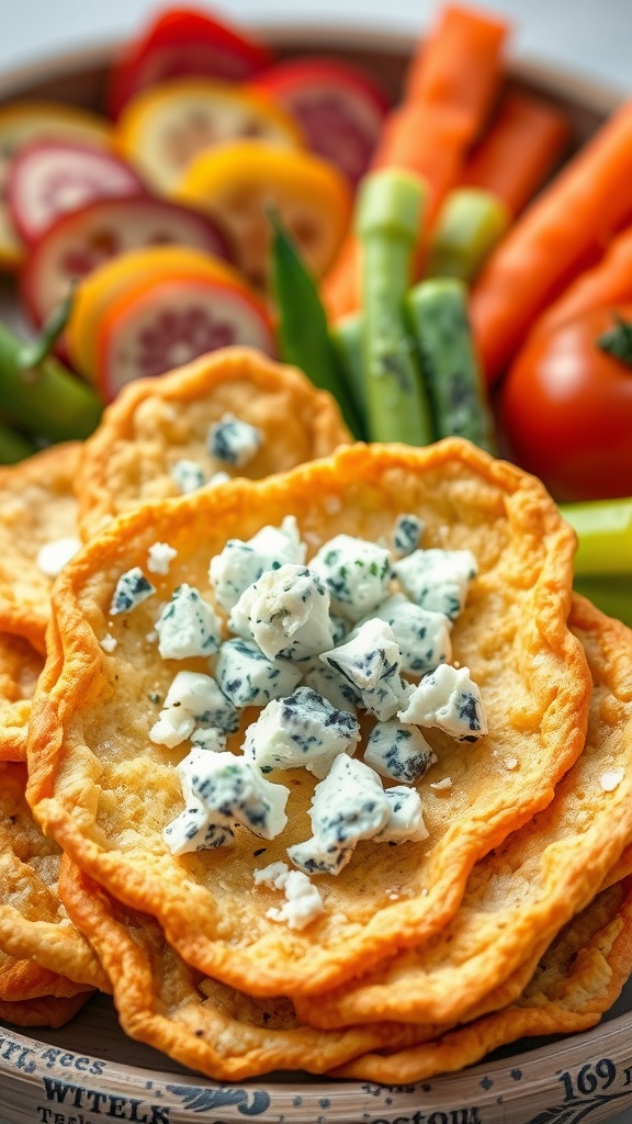 Crispy cheese rounds topped with blue cheese, served alongside fresh vegetables.