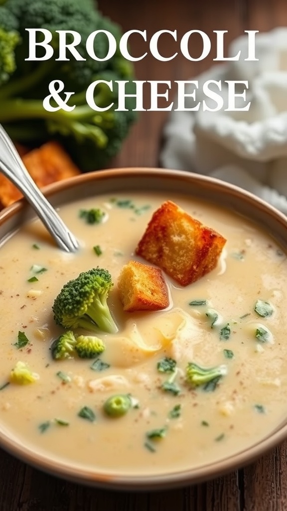 A bowl of creamy broccoli and cheese soup garnished with croutons, featuring small pieces of broccoli.