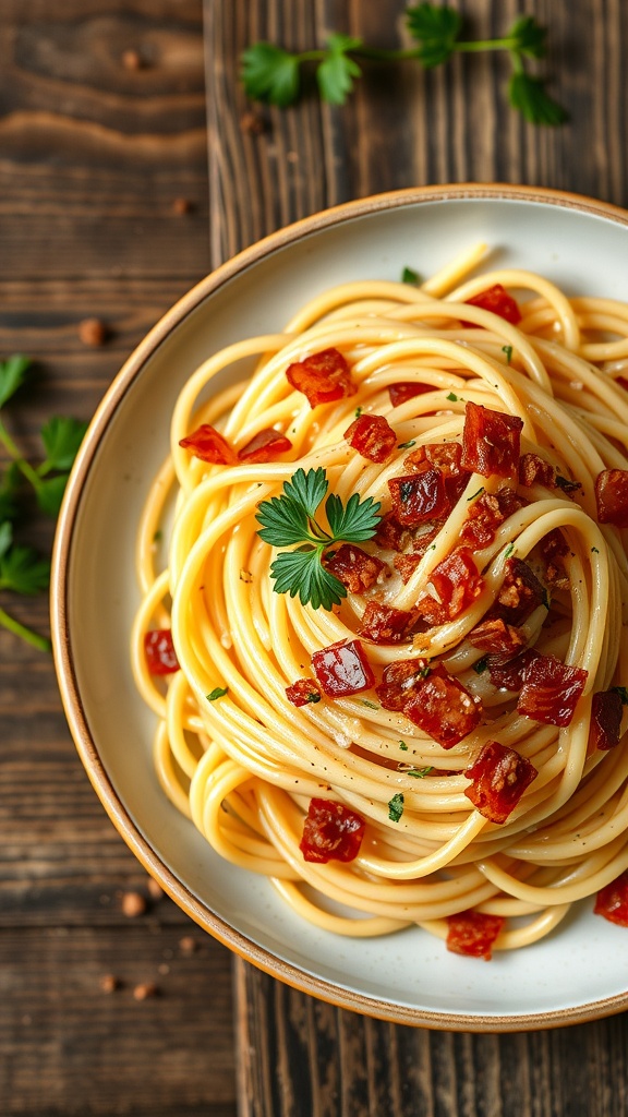 A bowl of creamy pasta carbonara topped with crispy pancetta and garnished with parsley.