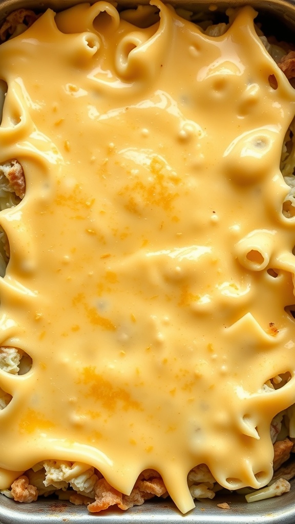 A creamy layer of cheddar cheese on top of a keto cabbage casserole.