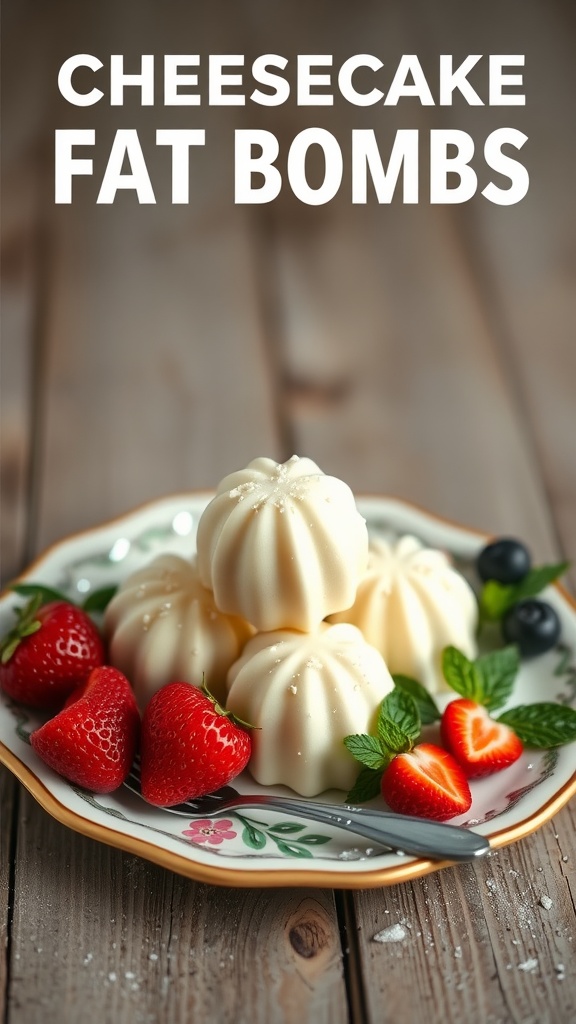 Delicious cheesecake fat bombs on a decorated plate with strawberries and blueberries.
