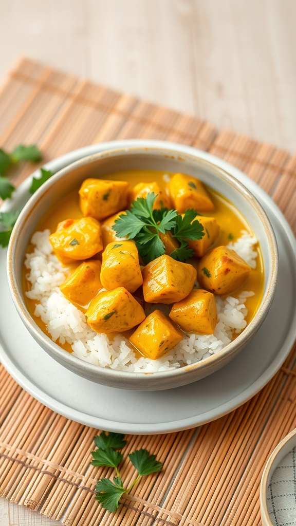 A bowl of creamy coconut curry chicken served over rice, garnished with cilantro.