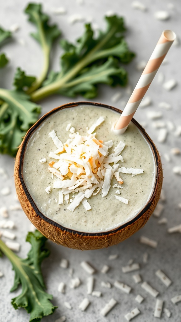A creamy coconut kale smoothie served in a coconut bowl, topped with shredded coconut.