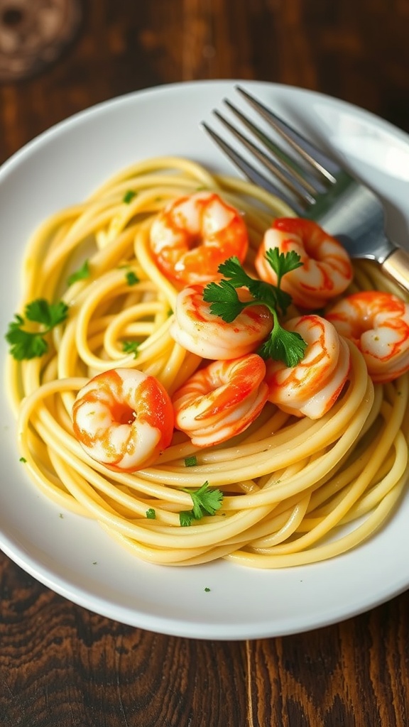 Creamy garlic butter shrimp served on a plate with parsley garnish.