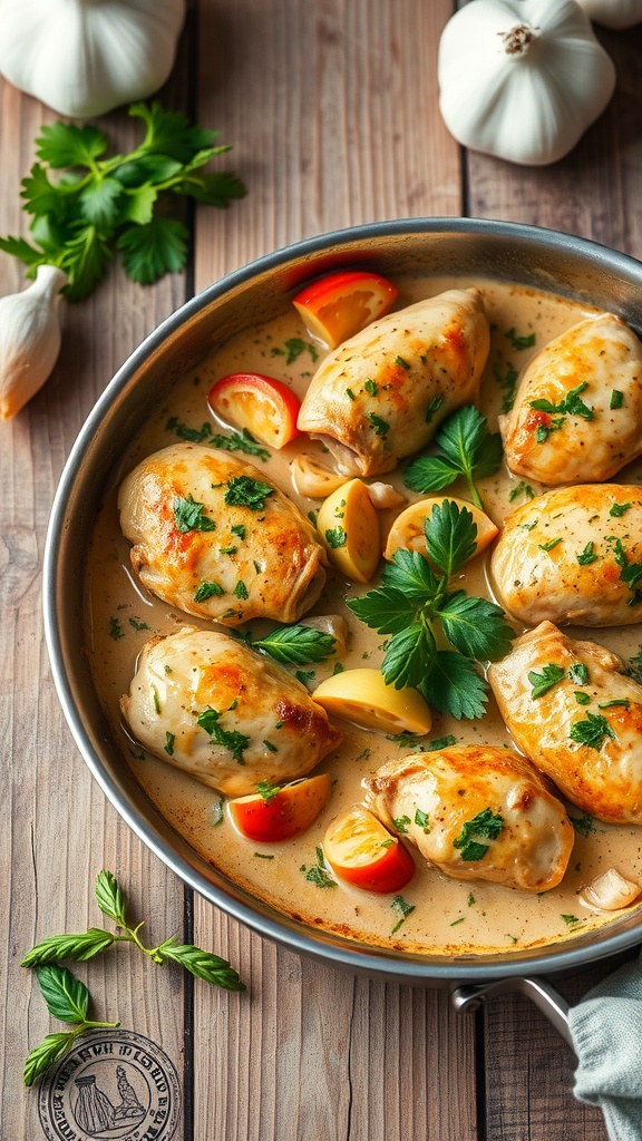 A delicious creamy garlic chicken skillet filled with tender chicken breast, garlic, and herbs, garnished with fresh parsley.