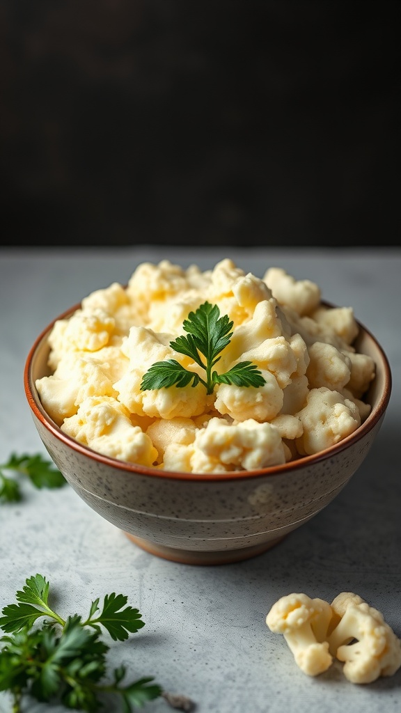 A bowl of creamy garlic mashed cauliflower garnished with parsley.