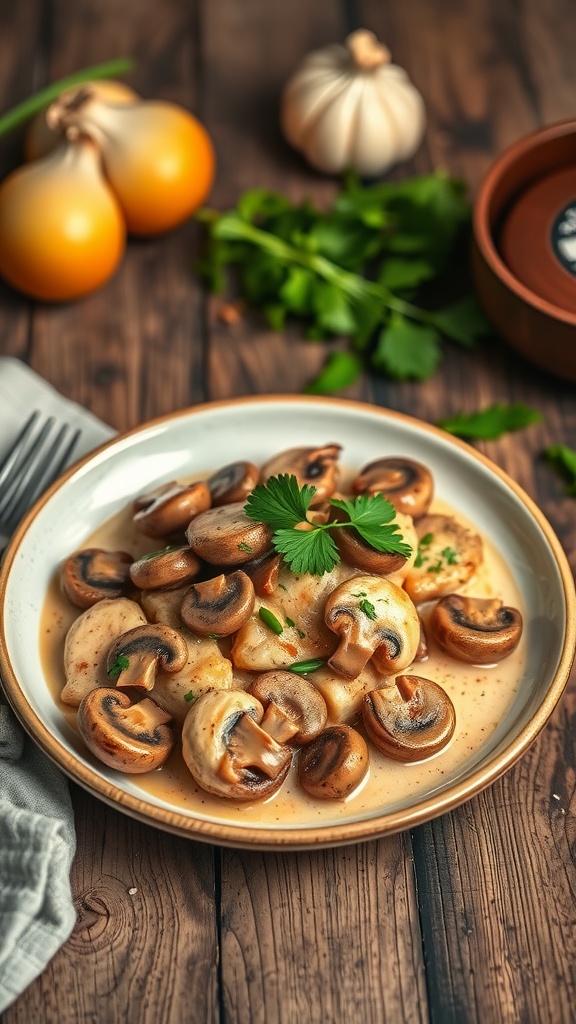 A plate of creamy garlic mushroom chicken garnished with fresh parsley, showcasing sliced mushrooms and a rich sauce.