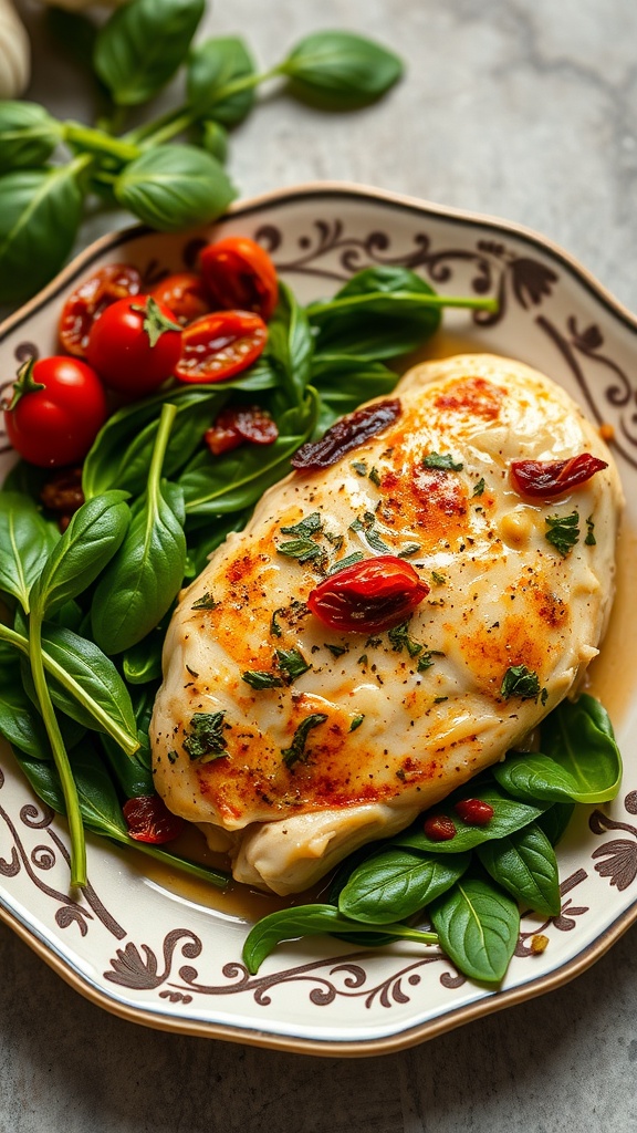 Creamy Garlic Tuscan Chicken served with fresh spinach and tomatoes