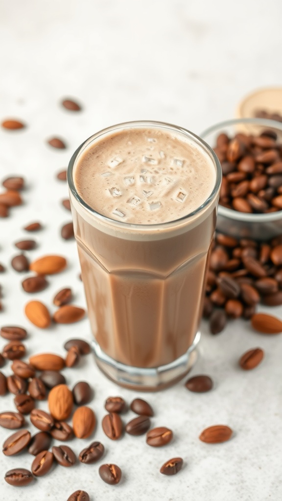 Creamy Mocha Almond Shake in a glass with coffee beans around