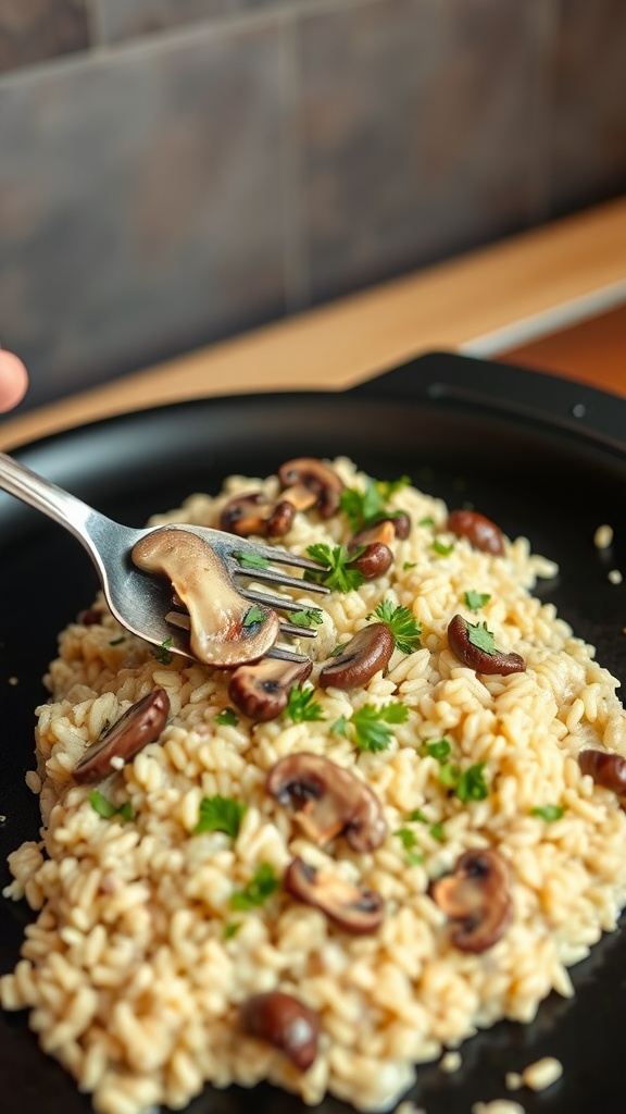 A close-up of creamy mushroom risotto, garnished with parsley.