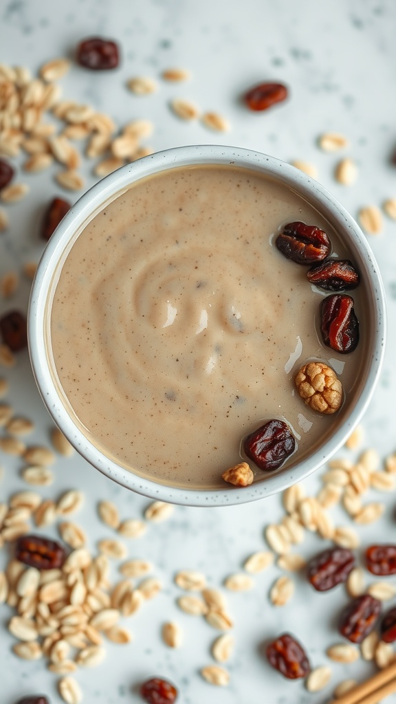 A creamy oatmeal raisin smoothie topped with raisins and oats