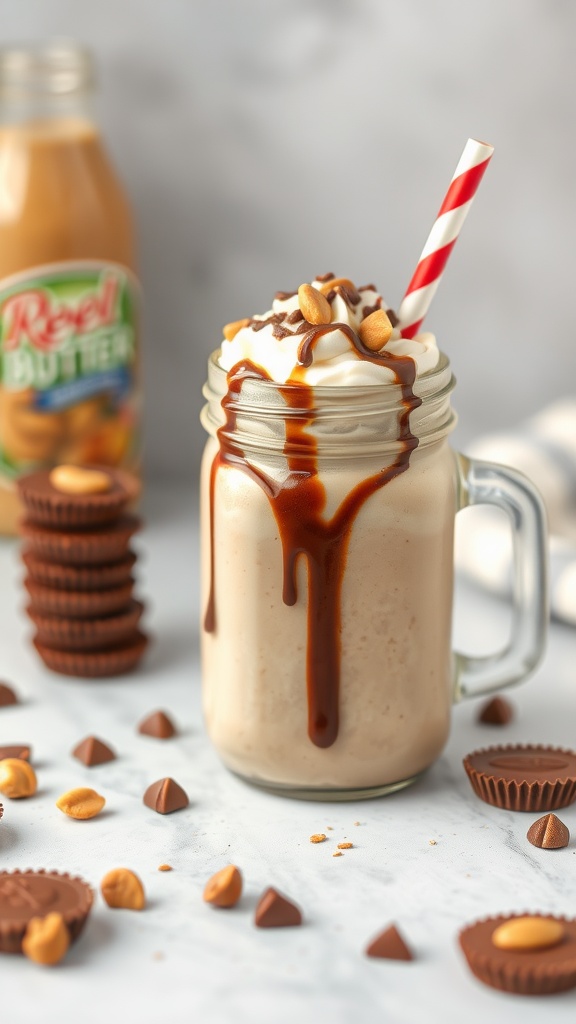 A creamy peanut butter cup shake in a jar with whipped cream and peanuts on top