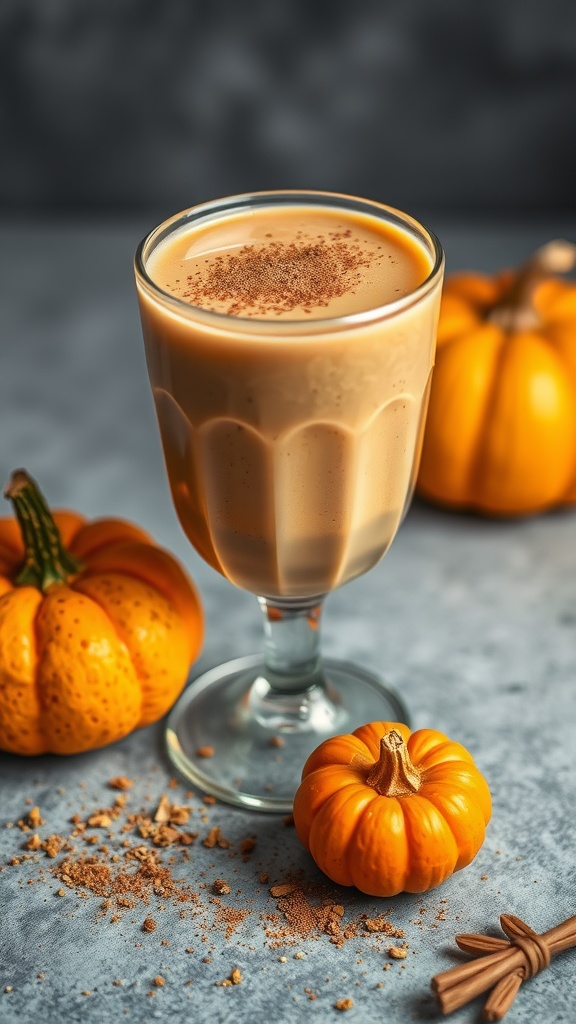 A creamy pumpkin spice smoothie in a glass with small pumpkins and cinnamon nearby.