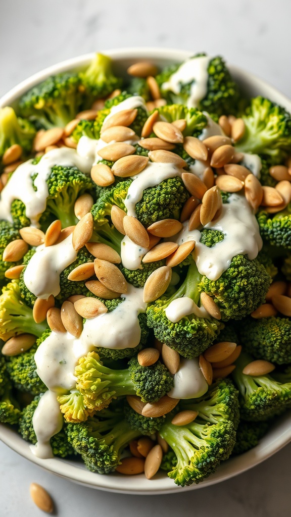 A bowl of creamy ranch broccoli salad topped with sunflower seeds.