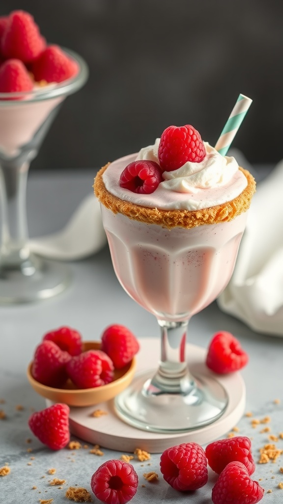 Creamy raspberry cheesecake shake garnished with raspberries and whipped cream