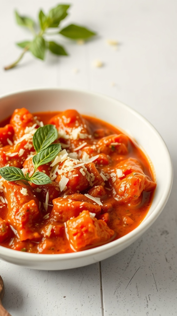 A creamy bowl of stewed tomatoes garnished with fresh basil and Parmesan cheese.
