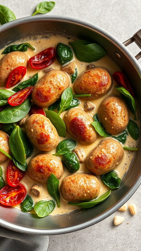 A delicious creamy Tuscan sausage dish with spinach and cherry tomatoes.