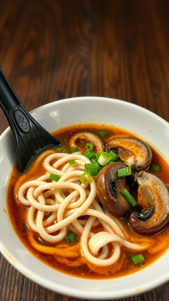 A bowl of creamy udon ramen with shiitake mushrooms garnished with green onions.