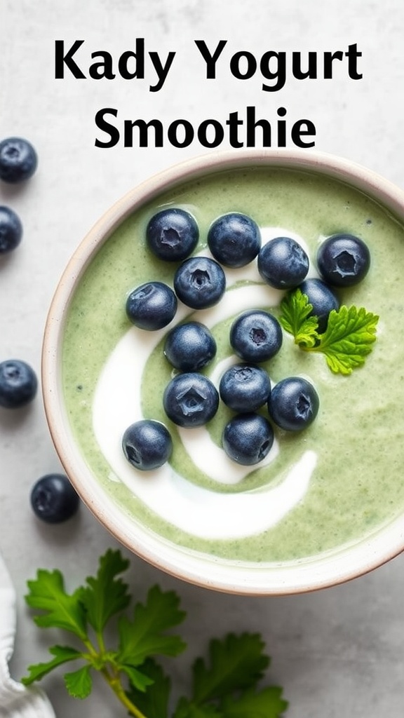 A creamy kale smoothie topped with blueberries and a swirl of yogurt.