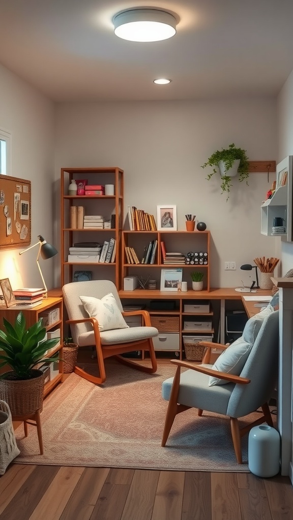 A cozy craft room with comfortable chairs, shelves filled with craft supplies, and warm lighting.