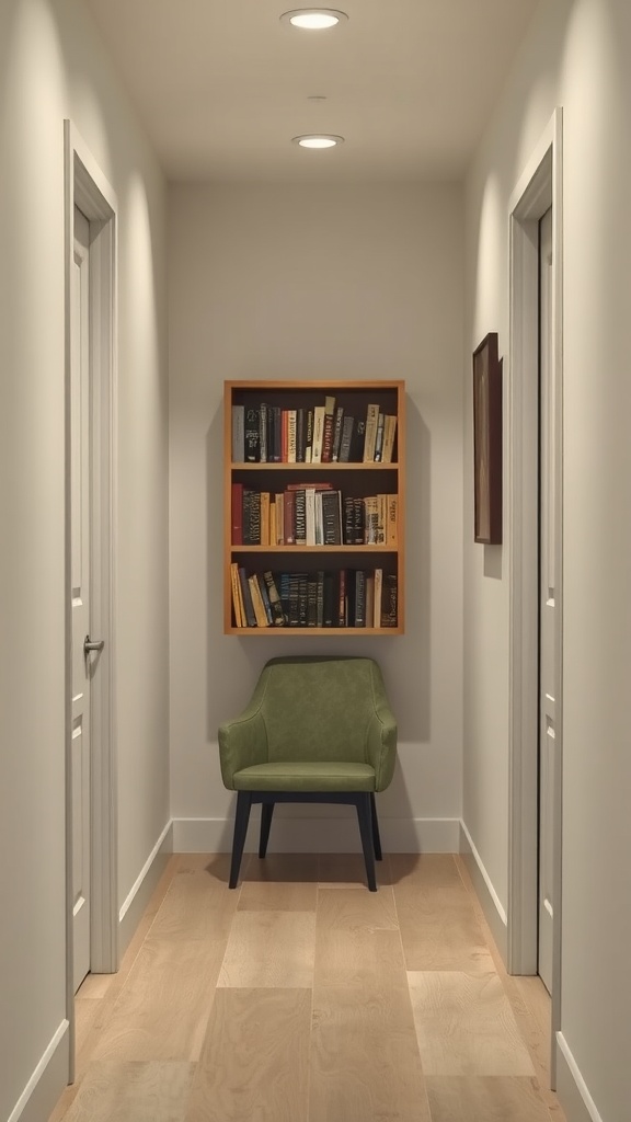 A small hallway featuring a green chair and a bookshelf with books.