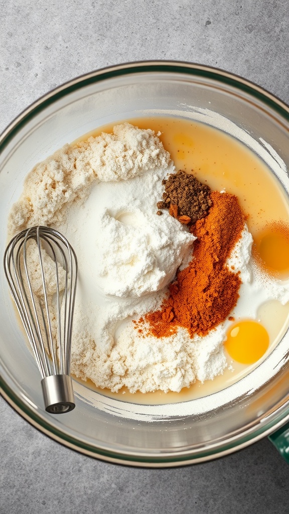 Bowl with ingredients for making a batter for fried zucchini.