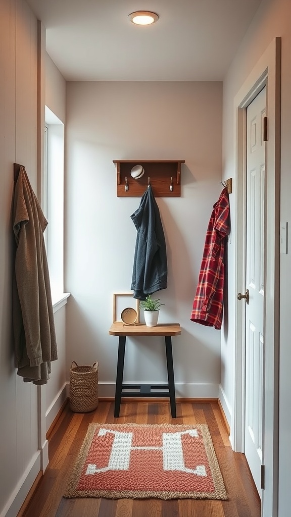 A small, functional hallway with hooks for coats, a small table, and a cozy rug.