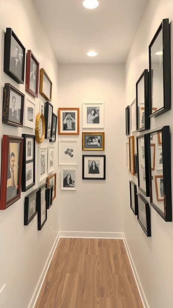 A narrow hallway featuring an eclectic gallery wall filled with framed pictures and artwork.