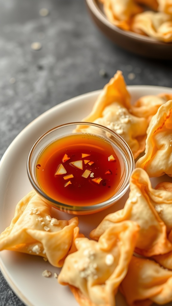 A plate of crab rangoon with a small bowl of dipping sauce