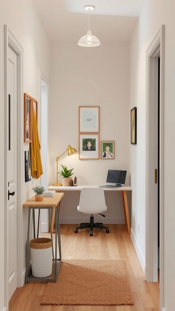 A small hallway with a workspace, featuring a desk, chair, and decorative elements.