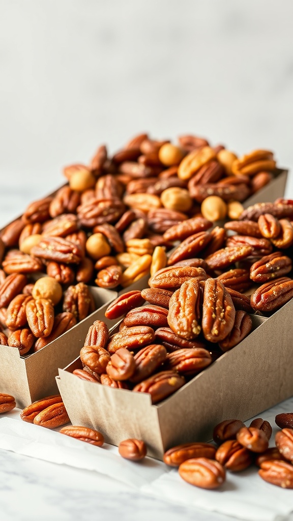 A close-up of candied pecans in two boxes.