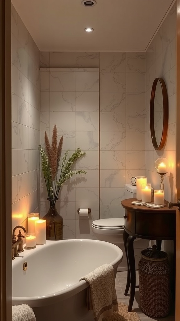 A cozy small bathroom with candles and soft lighting, creating a spa-like atmosphere.