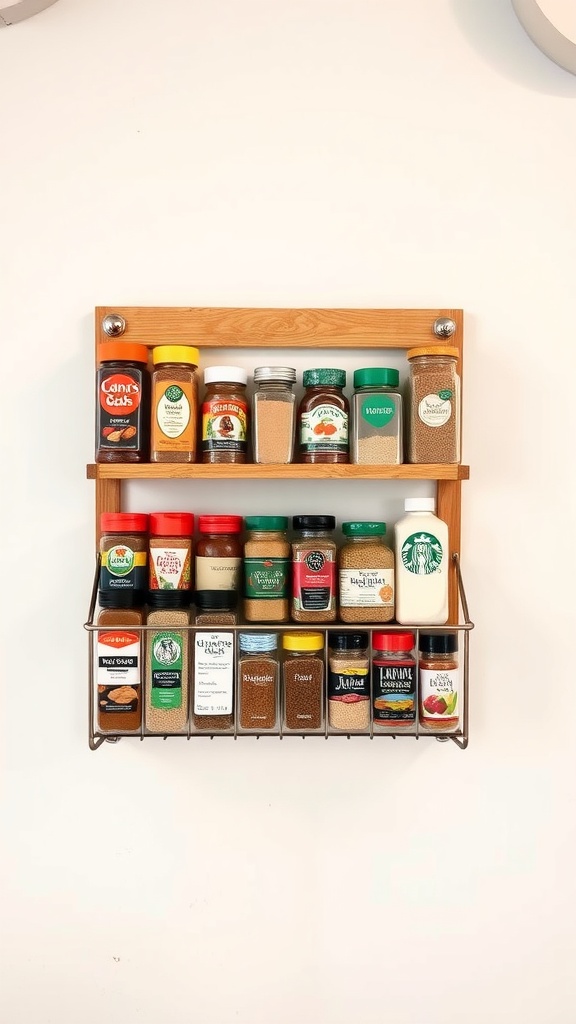 Wall-mounted spice rack displaying various spice jars neatly organized on wooden and metal shelves.