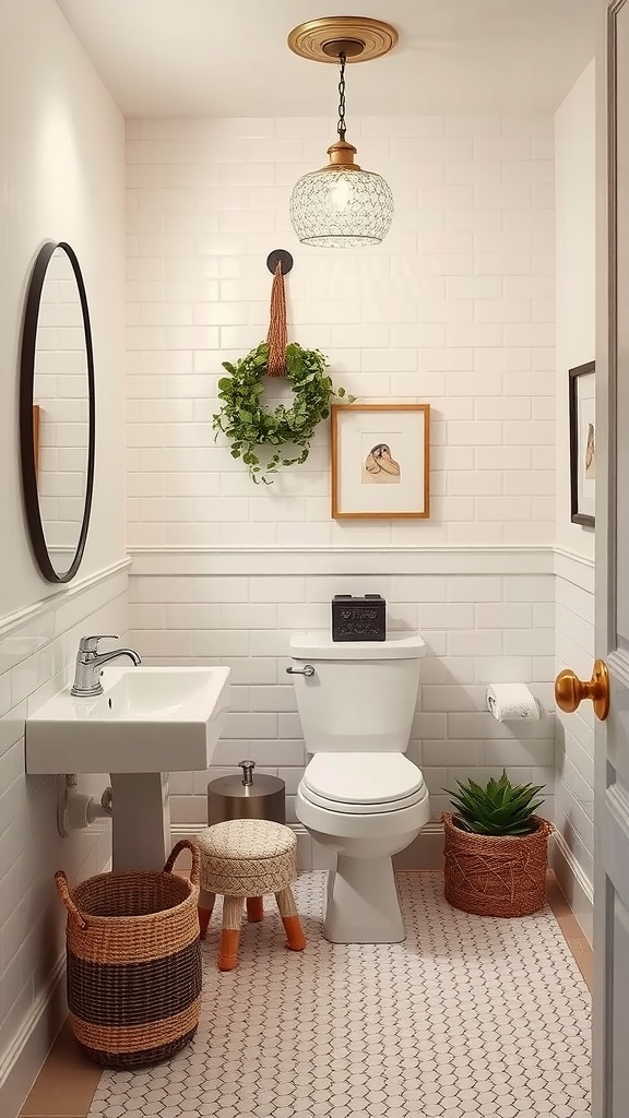 A cozy half bathroom featuring white tiles, a small plant, and a framed bird picture.