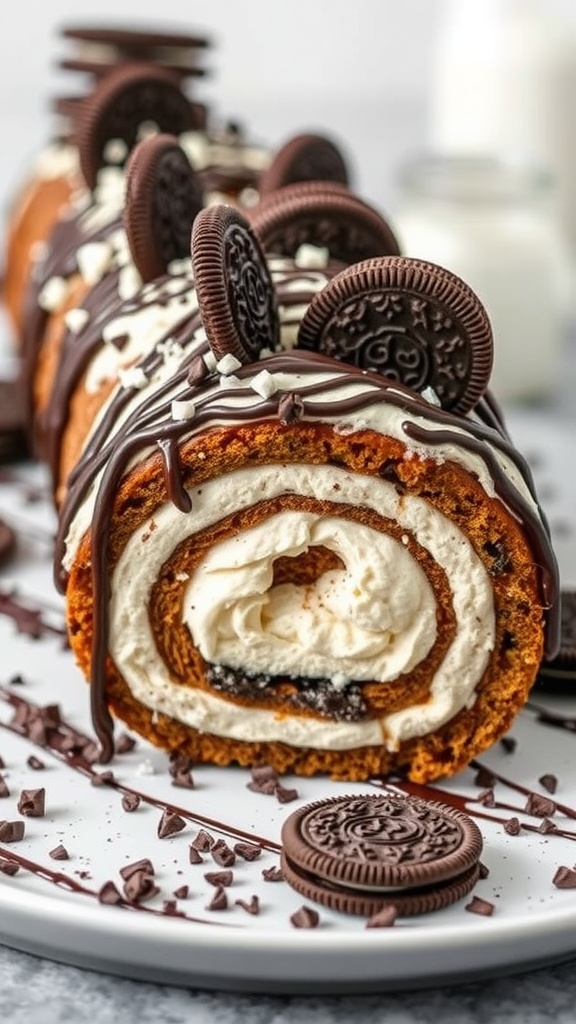 A beautifully presented Oreo cake roll with chocolate drizzle and Oreo cookie toppings.