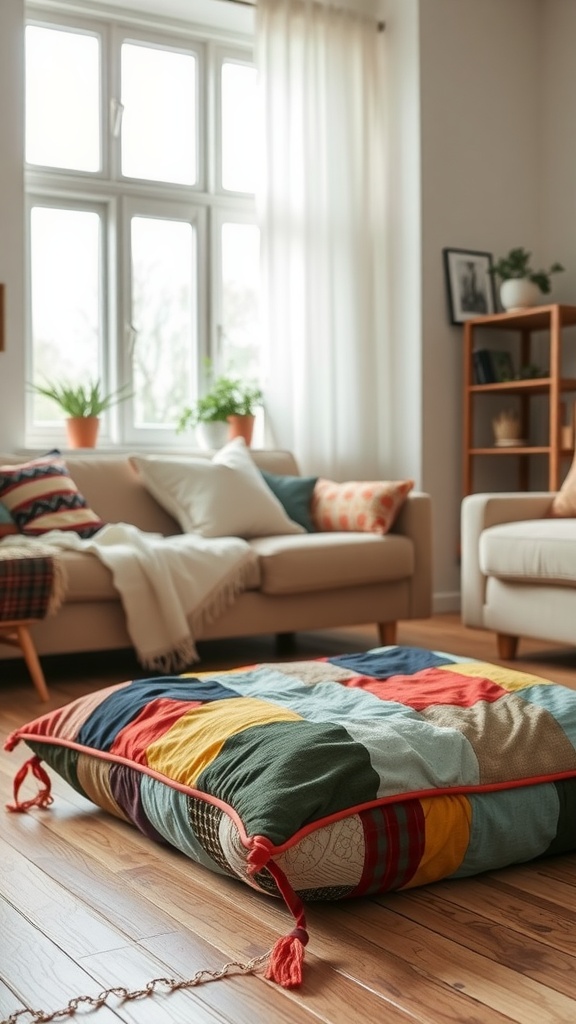 Colorful floor cushion made from upcycled clothes, placed in a cozy living room.