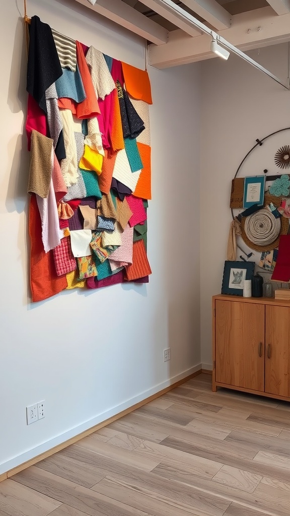 A colorful fabric wall art display made from various pieces of old clothing.