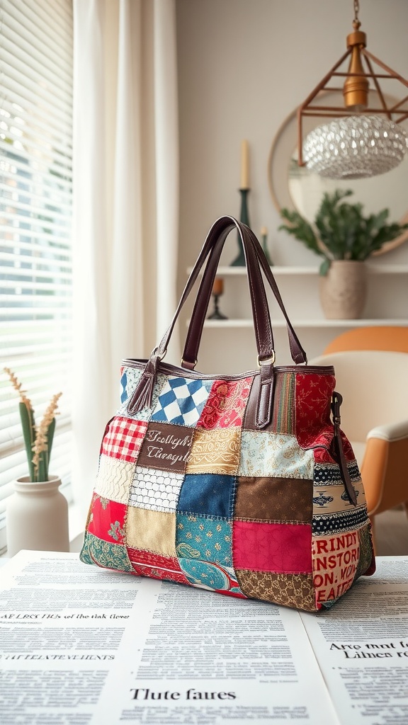 A patchwork statement bag made from various upcycled fabrics, displayed on a table with newspapers.