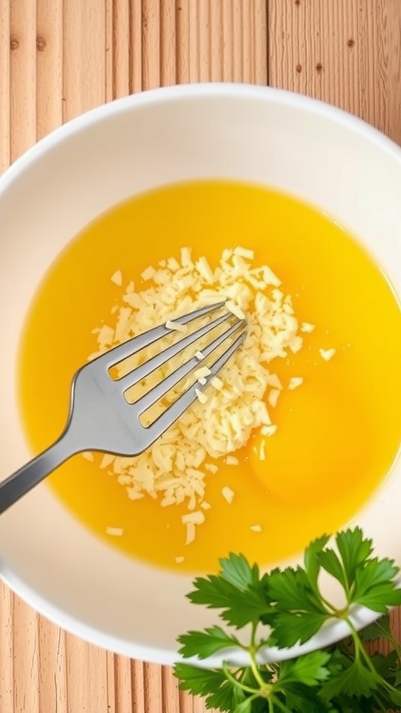A bowl containing eggs and grated cheese, with a fork and parsley alongside.