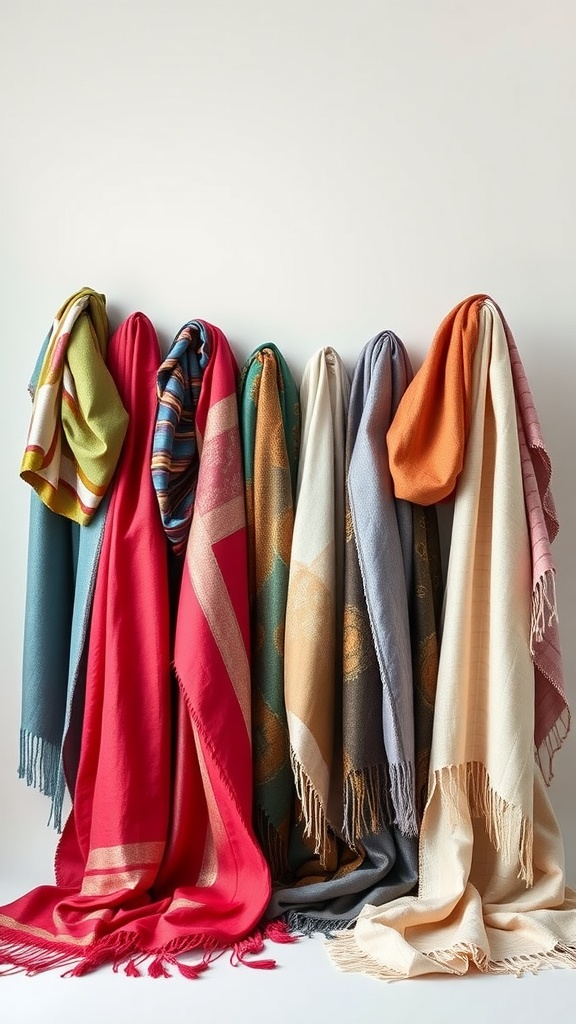 A display of colorful scarves made from various fabrics, showcasing different textures and patterns.