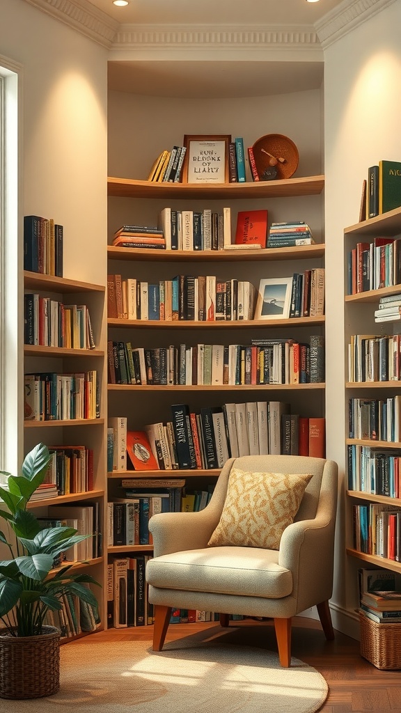 A cozy corner shelf filled with books, a comfortable chair, and a plant.