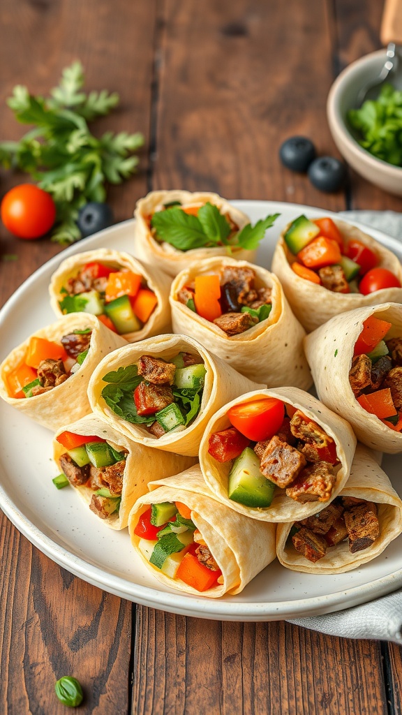 A plate of cheese wraps filled with colorful vegetables and shredded chicken