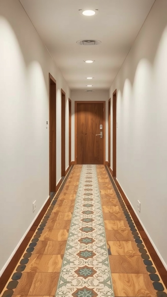 A small hallway with wooden flooring featuring a decorative tile strip.